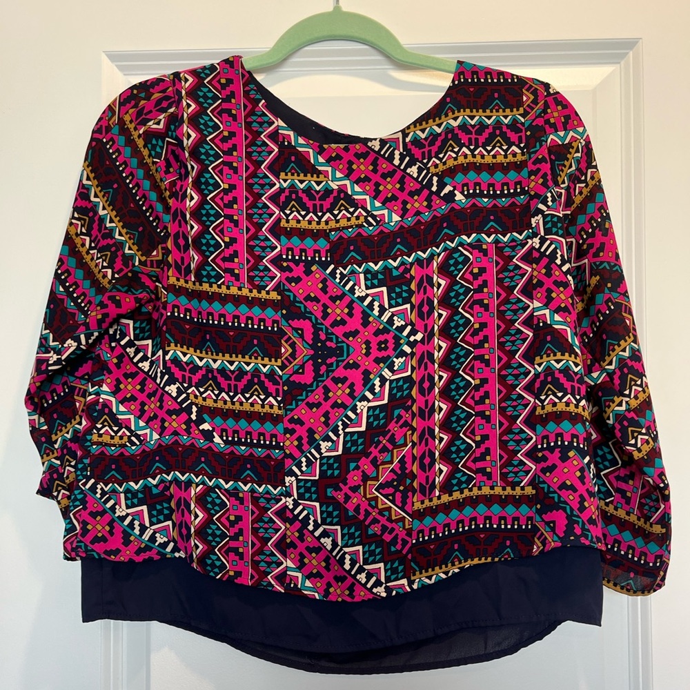 Miami Abstract Print 3/4 Sleeve Tiered Top, Size Small